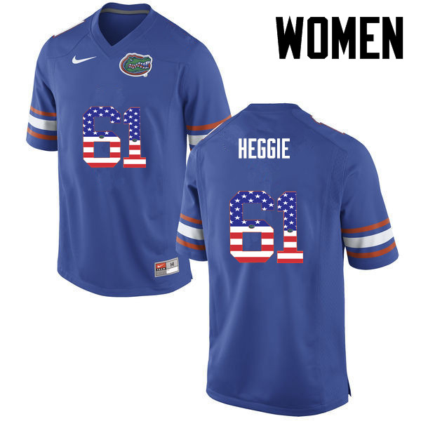 Women Florida Gators #61 Brett Heggie College Football USA Flag Fashion Jerseys-Blue - Click Image to Close